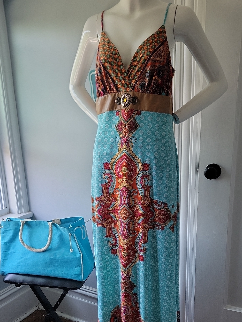 VENUS Turquoise Paisley-Print Spaghetti Strap Maxi Dress with Tan Waistband